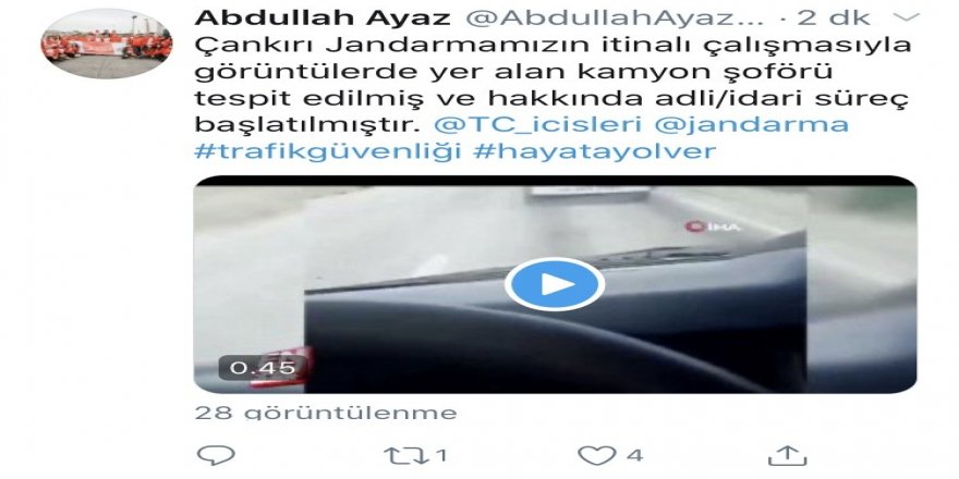 Ambulansa yol vermeyen kamyon sürücüsünü jandarma ekipleri tespit ettii